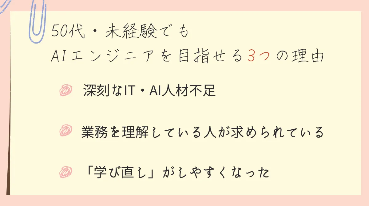 1.50代・未経験でもAIエンジニアを目指せる3つの理由